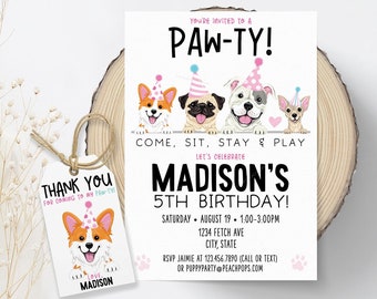 Editable Pawty Birthday Invitation, Puppy Dog Invite, Dog Birthday Puppies DIGITAL Printable 5x7 Invite 2x3.5 Thank You Favor Gift Tag DP124