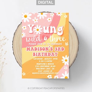 Editable Daisy Birthday Invitation Boho Young Wild Three Party Invite 3rd Groovy Retro 70s Hippie Invite DIGITAL 5x7 Editable Template GV143