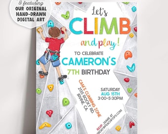 May include: A digital birthday invitation featuring a climbing wall with colorful holds and a child in a red shirt and blue shorts climbing. Text reads: Let's CLIMB and play! TO CELEBRATE CAMERON'S 7TH BIRTHDAY, SATURDAY AUG 15TH 3:00-5:30PM, CAM'S CLIMBING ZONE.