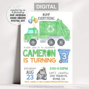 Vuilniswagen verjaardagsuitnodiging bewerkbare prullenbak dump Truck uitnodigen recycling partij 5 x 7 digitale CR385