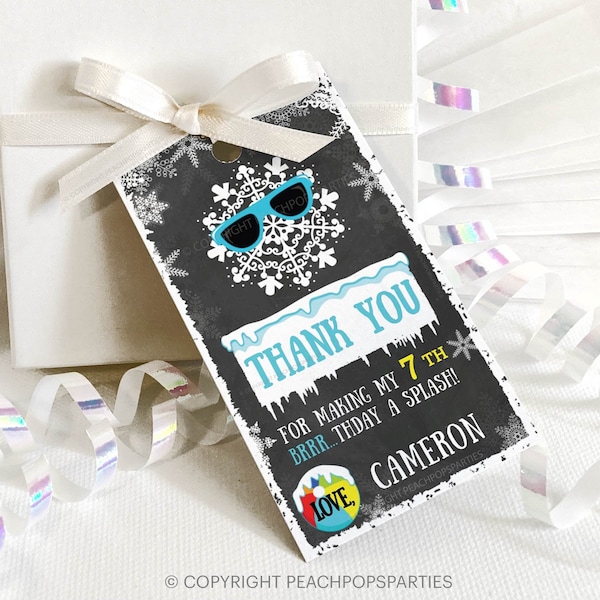 EDITABLE Winter Birthday Pool Party Gift Tag, Snow Brrrthday Favor Tag, Thank You, Chalkboard Style, ANY Age, DIGITAL 2”x3.5" Printable BRR9