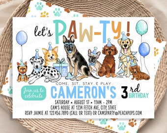Pawty Birthday, Editable Puppy Dog Invitation, Dog Birthday, Girl, Boy, Kids, Dogs, DIGITAL Printable EDITABLE Invite 7x5 Edit Today DP314
