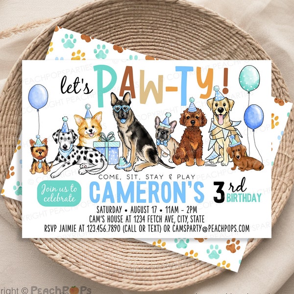 Pawty Birthday, Editable Puppy Dog Invitation, Dog Birthday, Girl, Boy, Kids, Dogs, DIGITAL Printable EDITABLE Invite 7x5 Edit Today DP314