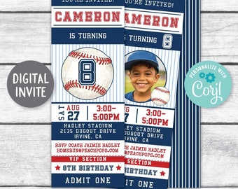Baseball Invitation - Birthday - Sports Ticket Style Party - ANY Age - 1st 8th Add a photo DIGITAL Editable Printable Invite Edit TODAY JT86