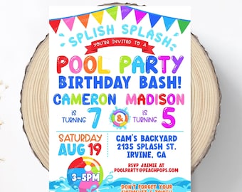 May include: A digital pool party birthday invitation featuring colorful bunting, water splashes, and a beach ball. Text reads: SPLISH SPLASH YOU'RE INVITED TO A POOL PARTY BIRTHDAY BASH! CAMERON IS TURNING 7, MADISON IS TURNING 5, SATURDAY AUG 19, 3-5PM.