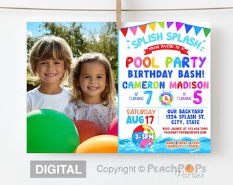 May include: A rectangular pool party birthday invitation featuring a photo of two children with colorful balloons. The text reads SPLISH SPLASH YOU'RE INVITED TO A POOL PARTY BIRTHDAY BASH! CAMERON MADISON IS TURNING 7 & 5 SATURDAY AUG 17.