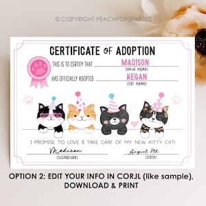 Cat Adoption Certificate EDITABLE Kitty Cat Pet Birthday Pawty Favor Kittens Kitties Tabby Tortie Party DIGITAL 7x5 Printable Template KP225