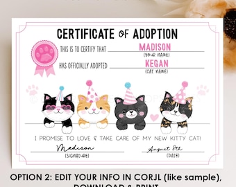 Cat Adoption Certificate EDITABLE Kitty Cat Pet Birthday Pawty Favor Kittens Kitties Tabby Tortie Party DIGITAL 7x5 Printable Template KP225