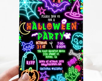Neon Halloween Costume Party Invitation Editable Spooky Glow Birthday Invite DIGITAL 5x7 Printable