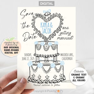 Hand Drawn Save the Date Wedding Invitation, Whimsical Illustrated Cake Invite, Unique Modern Editable DIGITAL Printable 5x7 Template W382