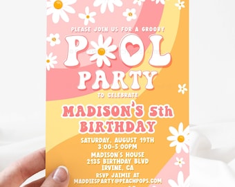 Bewerkbare Retro Pool Party-uitnodiging Daisy Boho uitnodigen zomer verjaardag uitnodigen groovy jaren 70 hippie uitnodigen roze oranje digitale bewerkbare GV145