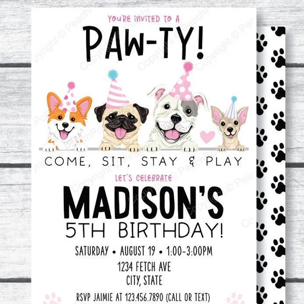 Cumpleaños de Pawty, Invitación editable para cachorros, Rosa, Cumpleaños de perros, Niña, Niños, Perros, DIGITAL Imprimible EDITABLE Invitación 5x7 Editar hoy DP124