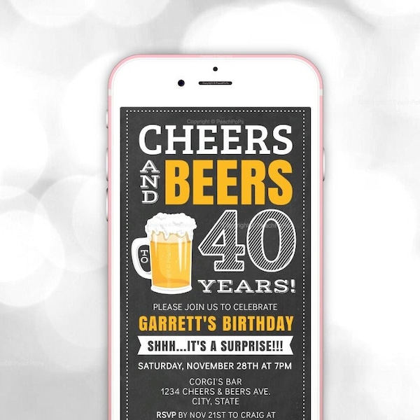 Cheers and Beers Surprise Birthday, TEXT Invitation, 40th, Any Age, DIGITAL EDITABLE Electronic Smartphone Invite, Edit, Text or Email Today