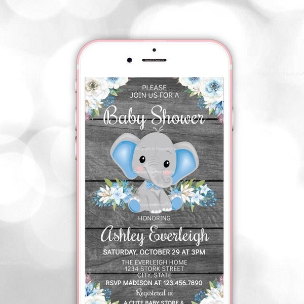 Elephant Baby Shower TEXT Invitation, Blue, Boy Jungle Floral Safari, DIGITAL EDITABLE Electronic Smartphone Invite, Edit, Text or Email!