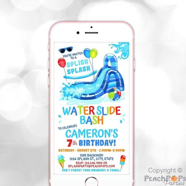 Water Slide Splash Birthday Party TEXT Invitation, Blue WaterSlide Bash DIGITAL EDITABLE Electronic Phone Invite, Edit, Text or Email WS83