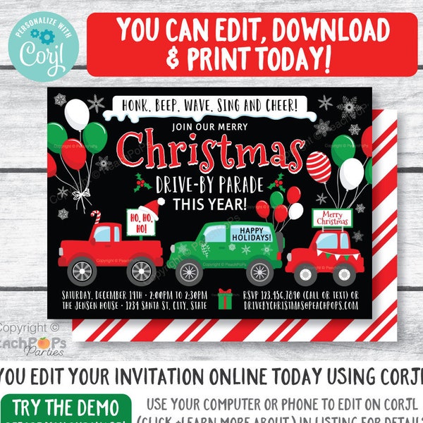 Christmas Drive By Invitation, Drive-By Parade Invite, Social Distancing, Car Parade, DIGITAL Printable EDITABLE Invite 5” x 7” Edit Today!