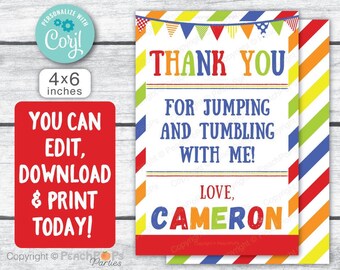 Jump Thank You Card - Editable - Gymnastics, Jump Tumble Play, Boys, Girls - DIGITAL Printable 4” x 6” - Edit TODAY! JTP15