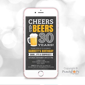 May include: A digital invitation for a 30th birthday party with a chalkboard background and a yellow beer mug graphic. The text reads "Cheers and Beers 30 Years! Please join us to celebrate Garrett's Birthday. Shhh...It's a surprise!!! Saturday, November 28th at 7pm. Corgi's Bar 1234 Cheers & Beers Ave. City, State. RSVP by Nov 21st to Craig at 123.456.7890 or Craig@PeachPops.com"