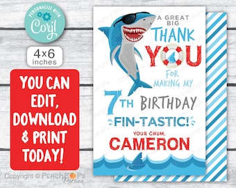Shark Thank You Card - Editable - Fin-tastic - ANY Age - Birthday Thank You - DIGITAL Printable 4” x 6” - Edit TODAY! JZ30