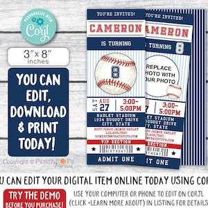 Baseball birthday party digital editable invitation that you edit in Corjl. Ticket style invite 3 inches by 8 inches with white baseball with red stitching in center with child's age, dark blue, red and white accents in ticket style format.