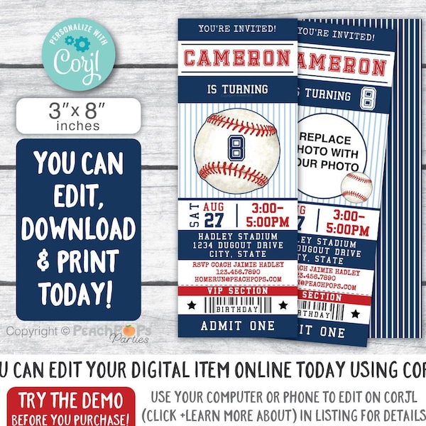 Baseball Invitation - Birthday - Sports Ticket Style Party - ANY Age - 1st 8th Add a photo DIGITAL Editable Printable Invite Edit TODAY JT86