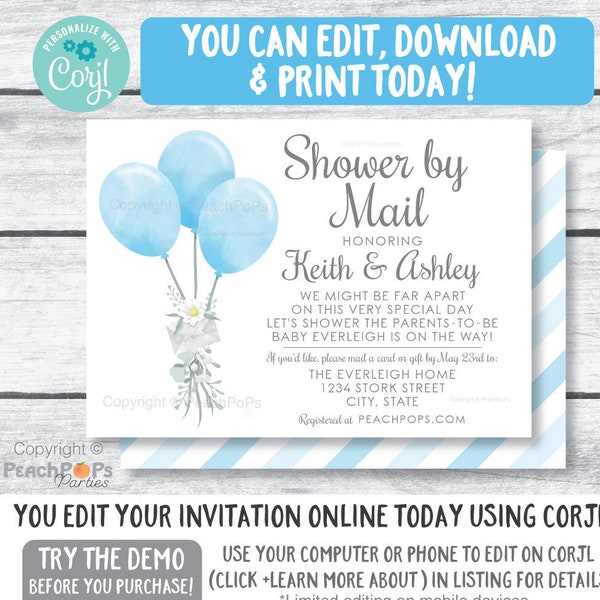 Baby Shower by Mail Invitation - Blue Balloons - Long Distance Shower Invite - DIGITAL Printable EDITABLE Invite 5” x 7” - Edit Today!