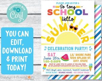 Invitación a la fiesta de fin de curso, Hola verano, fin de la escuela, sol, rebote, tobogán acuático DIGITAL imprimible EDITABLE Invitación 5" x 7" ¡Edite hoy!