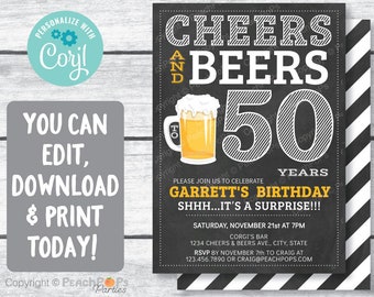 Cheers and Beers 50th Birthday Invitation ANY Age Surprise Chalkboard Birthday Party - DIGITAL Printable Editable Invite 5 x 7 - Edit Today