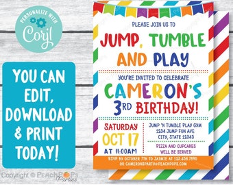 Gymnastics Birthday Invitation Jump Tumble Play Boys Girls Red Party DIGITAL Printable Invite Orange 5x7 - Self Editable - Edit Today JTP126