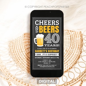 Cheers and Beers Surprise Birthday, TEXT Invitation, 40th, Any Age, DIGITAL EDITABLE Electronic Smartphone Invite, Edit, Text or Email Today