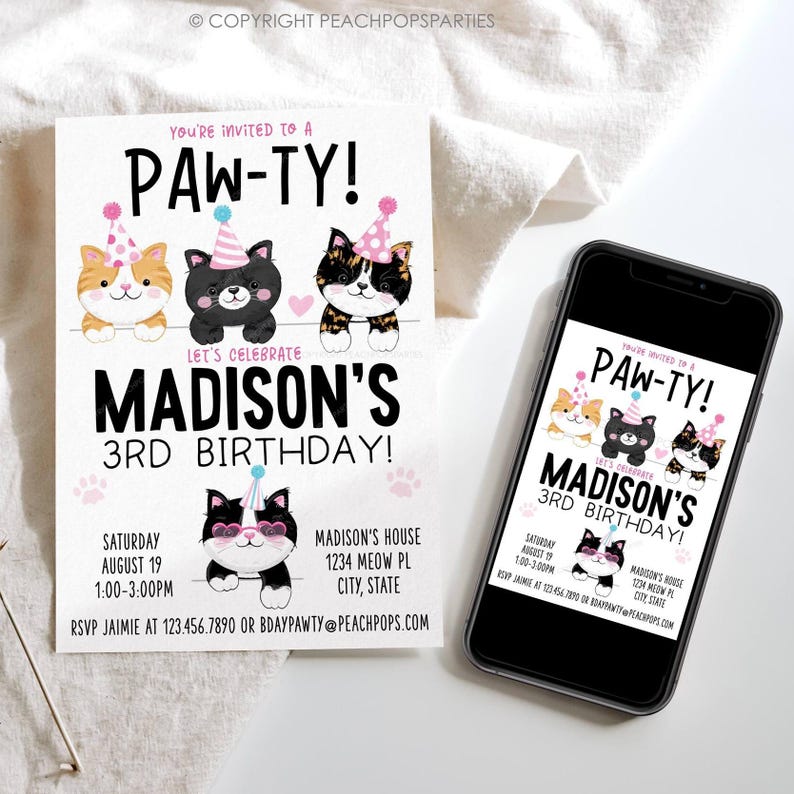 Digital editable kitty cat birthday pawty invitation that you edit in your browser in Corjl. Four hand drawn cats (Torti Cat, Orange Tabby Cat, Tuxedo Cat , etc). Pink.