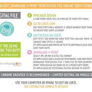 Puede incluir: Gr&aacute;fico de archivo digital con instrucciones para editar, descargar e imprimir en l&iacute;nea usando Corjl. La imagen incluye pasos para comprar, editar e imprimir un dise&ntilde;o. El texto incluye "&iexcl;Prueba la demo antes de comprar!" y "Personaliza con Corjl."