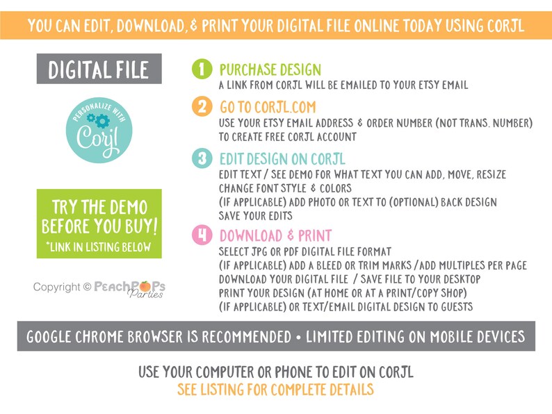 Puede incluir: Gr&aacute;fico de archivo digital con instrucciones para editar, descargar e imprimir en l&iacute;nea usando Corjl. La imagen incluye pasos para comprar, editar e imprimir un dise&ntilde;o. El texto incluye "&iexcl;Prueba la demo antes de comprar!" y "Personaliza con Corjl."