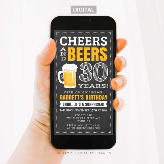 Cheers and Beers Surprise Birthday, TEXT Invitation, 30th, Any Age, DIGITAL EDITABLE Electronic Smartphone Invite, Edit, Text or Email Today