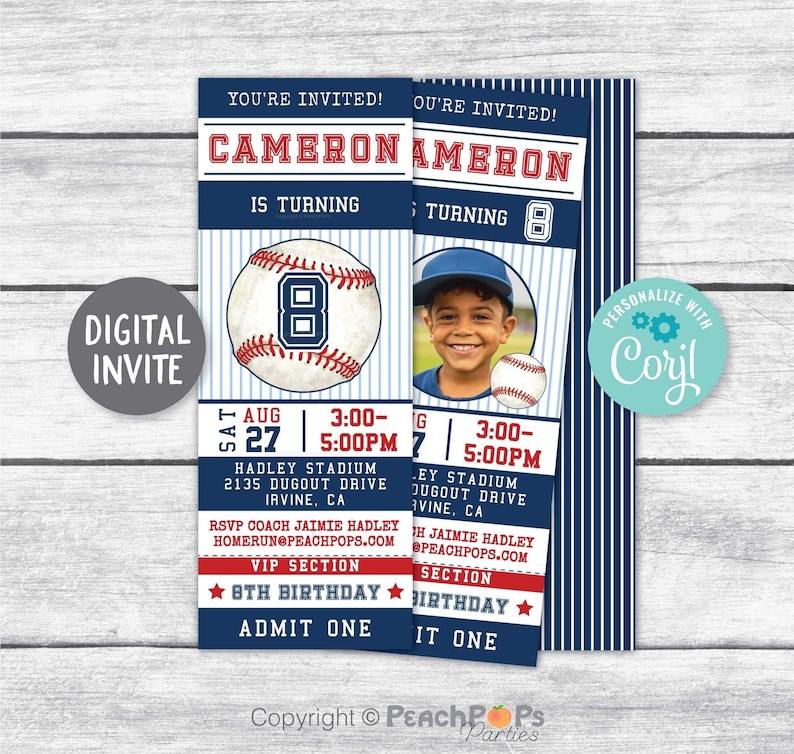 Digital baseball birthday party ticket style invitation that you edit in your browser on the Corjl website. Rustic baseball. Red stitching on light blue pin striped background. Large blue age on top of baseball. Vertical. Dark blue and red accents.
