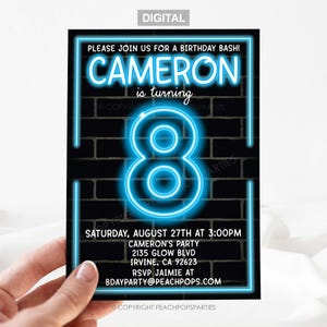 Birthday Bash Neon Party Invitation - 8th - Editable ANY Age - Glow Party - BLUE - Boy Girl - DIGITAL Printable Invite 5”x7” - Edit today!
