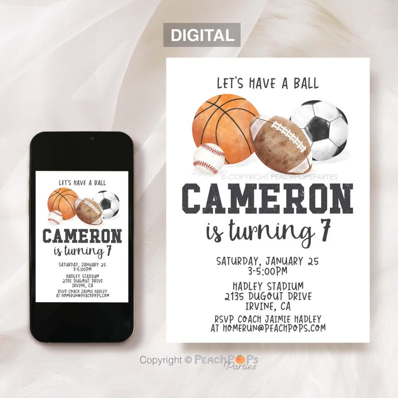 Sports theme birthday invitation. Digital 5 by 7 inch invite you edit in Corjl. Original hand drawn basketball, football, soccer ball, and baseball in watercolor style piled at top. Lets Have a Ball wording. White vertical background. 7th Birthday.