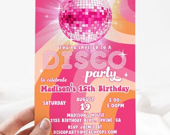 Convite editável para festa de aniversário discoteca, estilo retrô dos anos 70, para adultos, crianças e adolescentes, para qualquer idade, hippie, bola de discoteca, convite digital editável