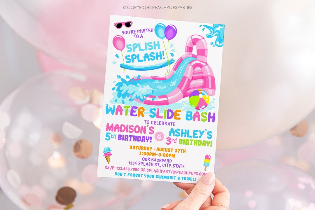 Editable Water Slide Birthday Splash Party Invitation PINK Waterslide