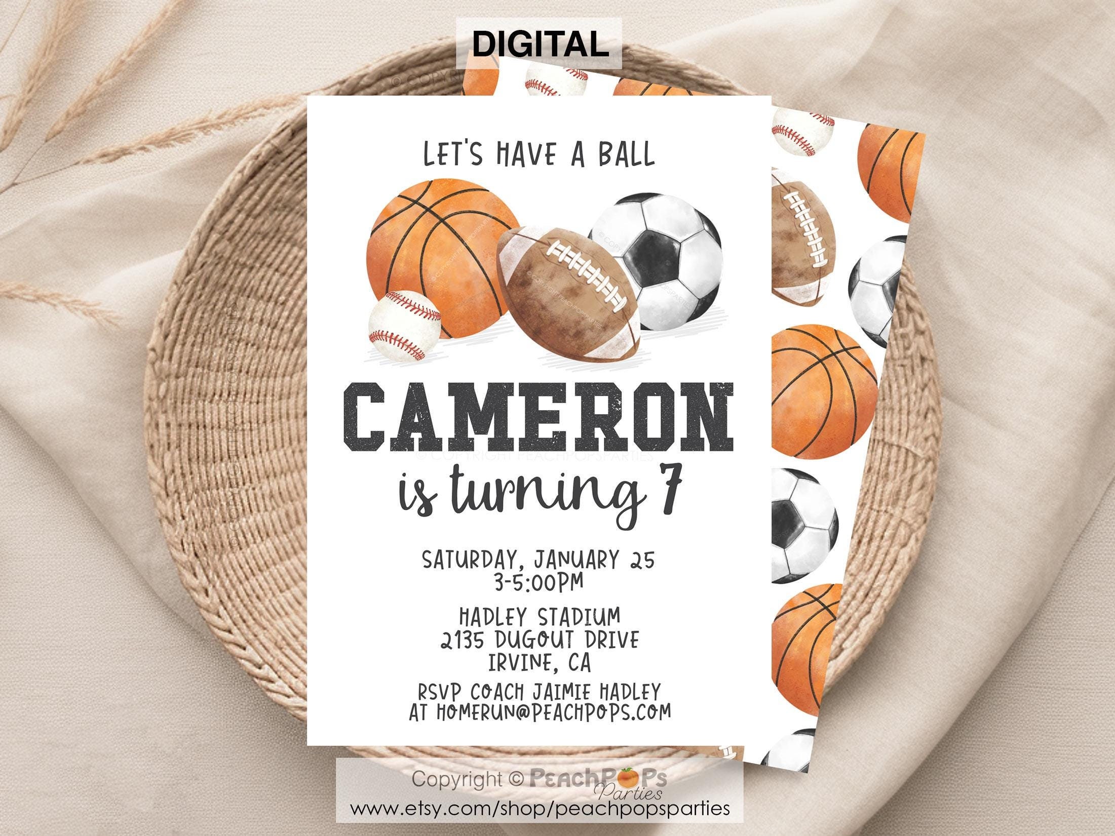 Lets Have a Ball Sports Party Invitation EDITABLE Birthday Invite Baseball Football Soccer Basketball Watercolor DIGITAL 5x7 Printable JD377