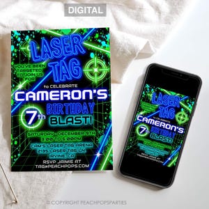 Editable Laser Tag Birthday Invitation, Neon Laser Tag Invite, Glow Laser Tag Party, Blue Green, Boy Girl DIGITAL Printable 5x7 Invite LT247