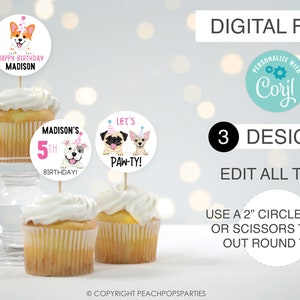 Cupcake Toppers Dog Birthday Toppers Puppy Pawty Circle Topper DIGITAL Printable 2” Round Favor ...