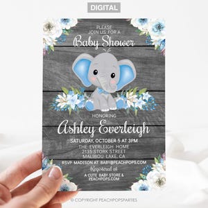 Elephant Baby Shower Invitation, Blue, Boy Jungle Floral Safari, Rustic Wood Style, DIGITAL Printable Invite 5”x7” Self Editable Edit TODAY