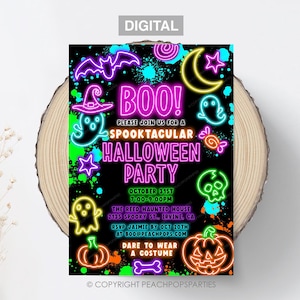 Editable Neon Halloween Party Invitation, Spooky Costume Party Invite, Glow Party, Modern Birthday, DIGITAL 5x7 Printable Invite Edit Today!