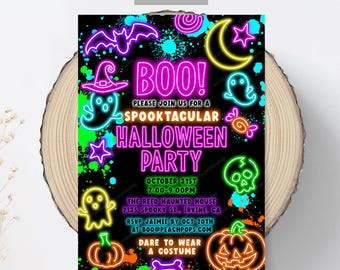 Editable Neon Halloween Party Invitation, Spooky Costume Party Invite, Glow Party, Modern Birthday, DIGITAL 5x7 Printable Invite HH243