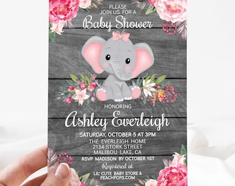 Elephant Baby Shower Invitation, Pink, Girl Jungle Floral Safari, Rustic Wood Style, DIGITAL Printable Invite 5”x7” Self Editable Edit TODAY
