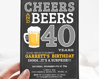 Cheers and Beers 40th Birthday Invitation ANY Age Surprise Chalkboard Birthday Party Men Women - DIGITAL Printable Invite 5 x 7 - Edit TODAY