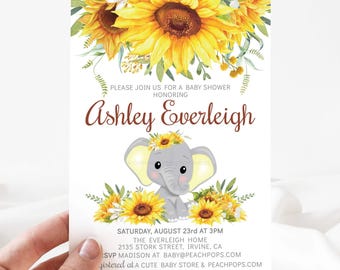 Sonnenblume Elefant-Baby-Dusche-Einladung Sommer Blumen Aquarell DIGITAL 5x7 einladen