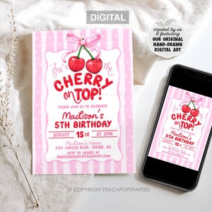 May include: A rectangular birthday invitation card and a smartphone displaying the same design. The card features a pink and white striped background with two red cherries tied with a pink bow and the text She's the CHERRY on TOP!