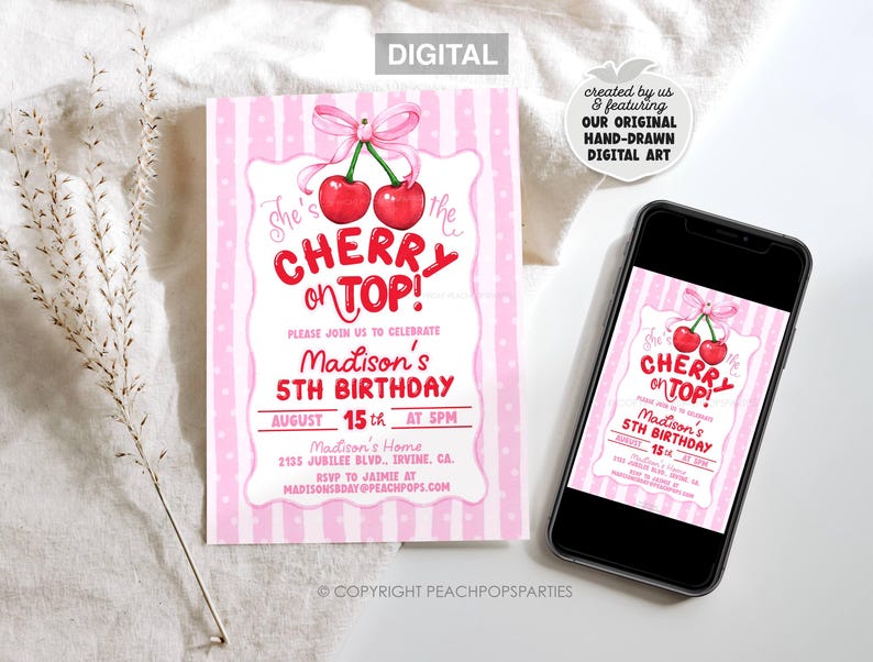 May include: A rectangular birthday invitation card and a smartphone displaying the same design. The card features a pink and white striped background with two red cherries tied with a pink bow and the text She's the CHERRY on TOP!